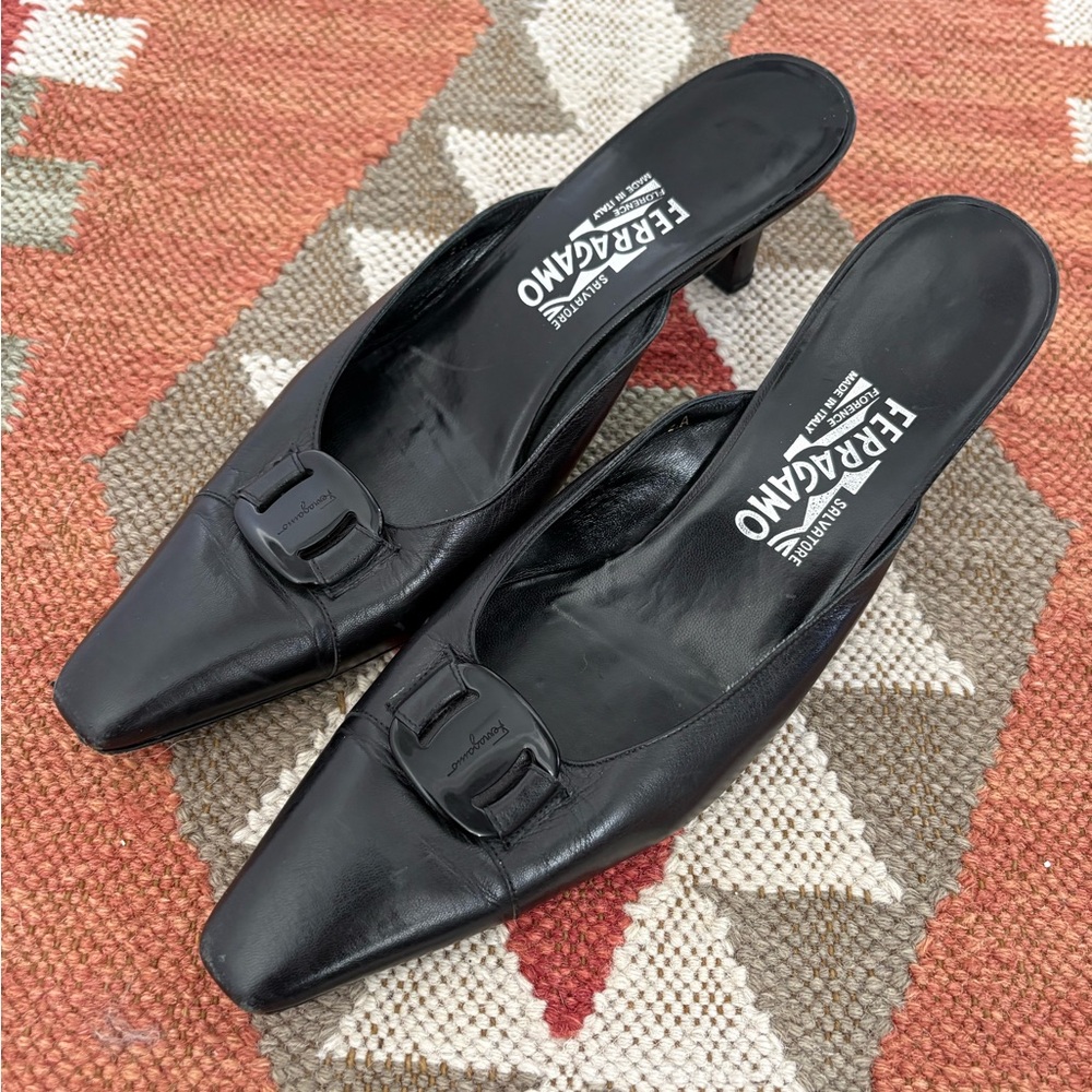 Vintage Ferragamo Black Slip On Mules